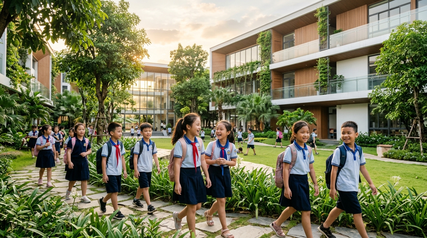 Khuôn viên xanh Trường Tiểu học Quốc tế Thăng Long tại Khu đô thị Bắc Linh Đàm